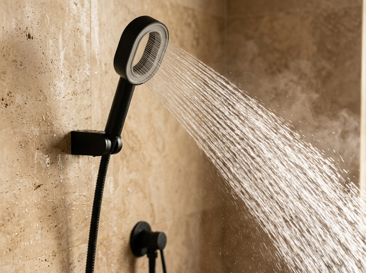 Handheld filter shower running in a wall holder