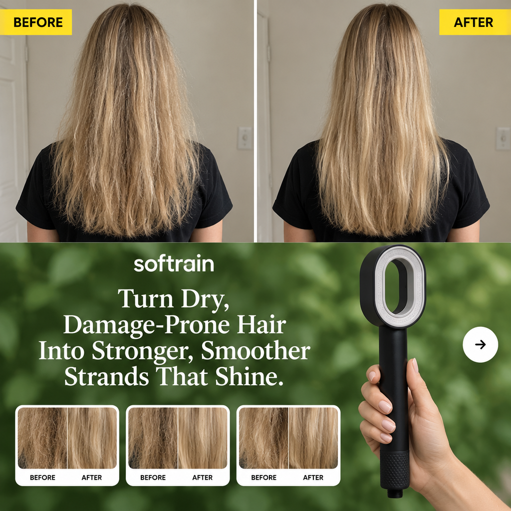Before and after: dry, damage-prone hair turned stronger and smoother with the Softrain handheld filter shower