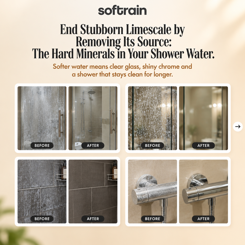 Before and after: less limescale on shower glass, tiles and chrome with the Softrain filtered handheld shower