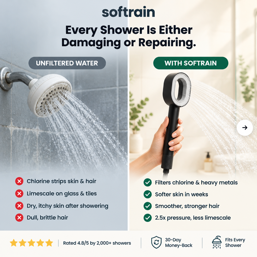 Unfiltered water vs the Softrain filtered handheld shower — chlorine, limescale and dry skin versus filtered, softer water